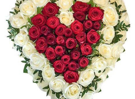 06. Rouwarrangement  'Red/White Roses' (hartvorm)